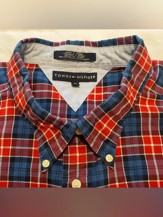 Tommy Hilfiger Men's 4XL Red and Blue Plaid Long Sleeve Button-Down Shirt - Picture 2 of 10